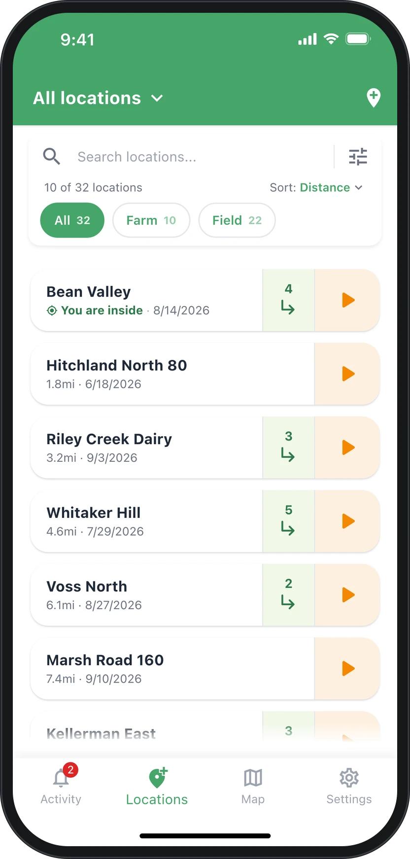 The field app listing nearby places, with Bean Valley marked as the one you are standing in
