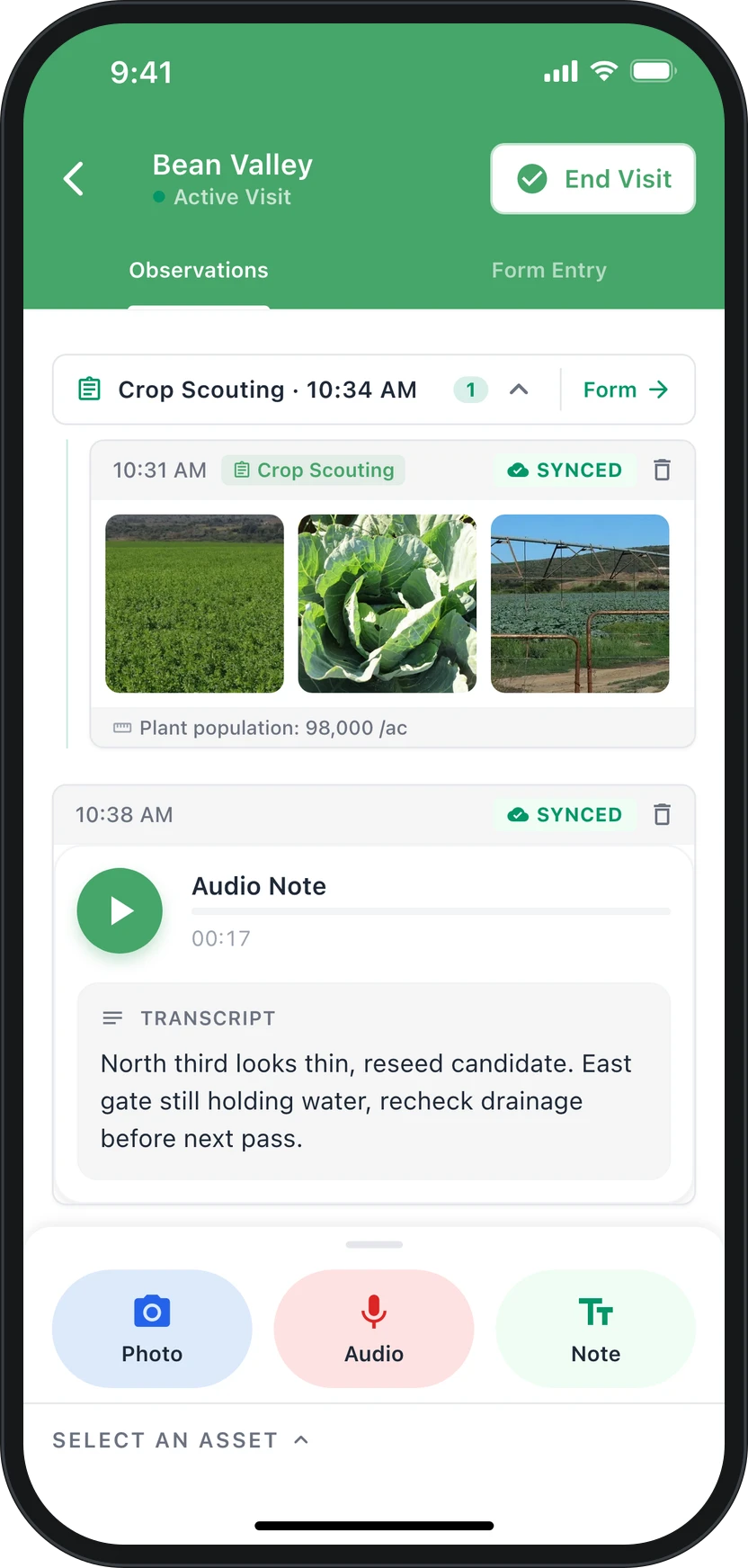 A visit in progress: photos, a plant population value, and a voice note with its transcript